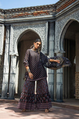 Juniper Black Ethnic Motif Printed Georgette Kurta Sharara & Dupatta Set. 