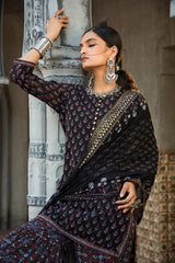 Juniper Black Ethnic Motif Printed Georgette Kurta Sharara & Dupatta Set. 