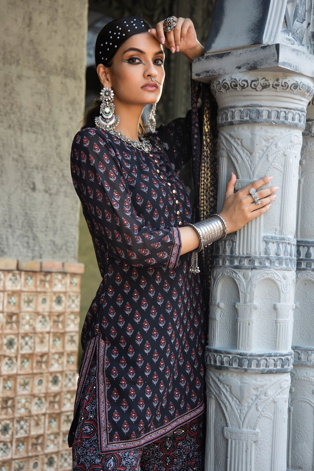 Black Ethnic Motif Printed Georgette Kurta Sharara & Dupatta Set | Des