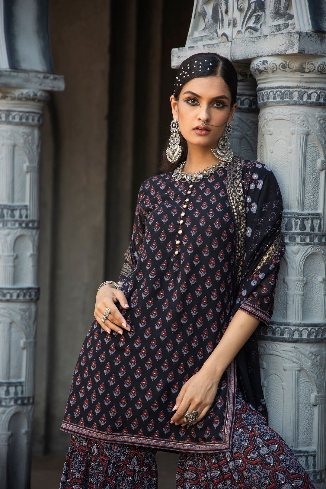 Black Ethnic Motif Printed Georgette Kurta Sharara & Dupatta Set | Des