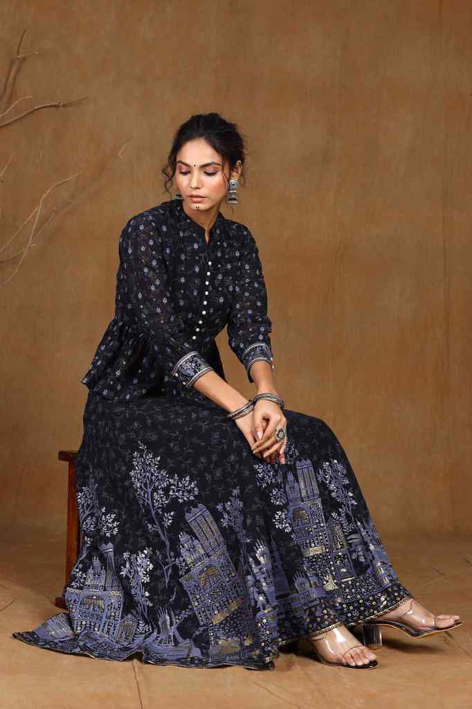 Black Ethnic Motif Printed Georgette Lehenga Choli Set | DesiQlo