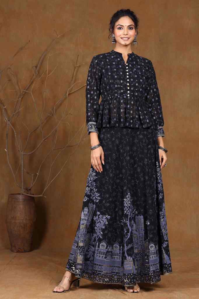 Black Ethnic Motif Printed Georgette Lehenga Choli Set | DesiQlo