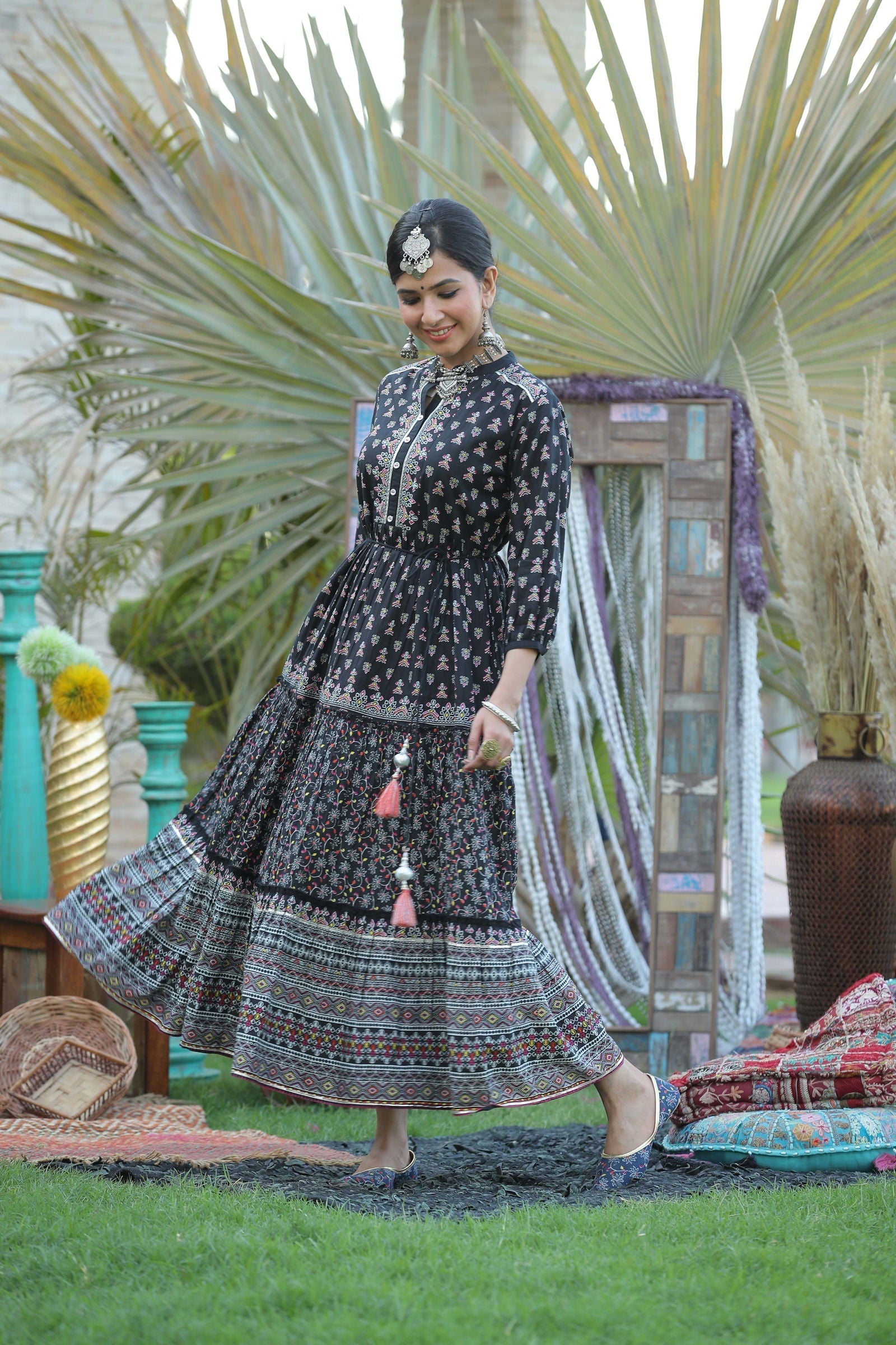 Black Ethnic Motif Printed Pure Cotton Tiered Maxi Dress | DesiQlo