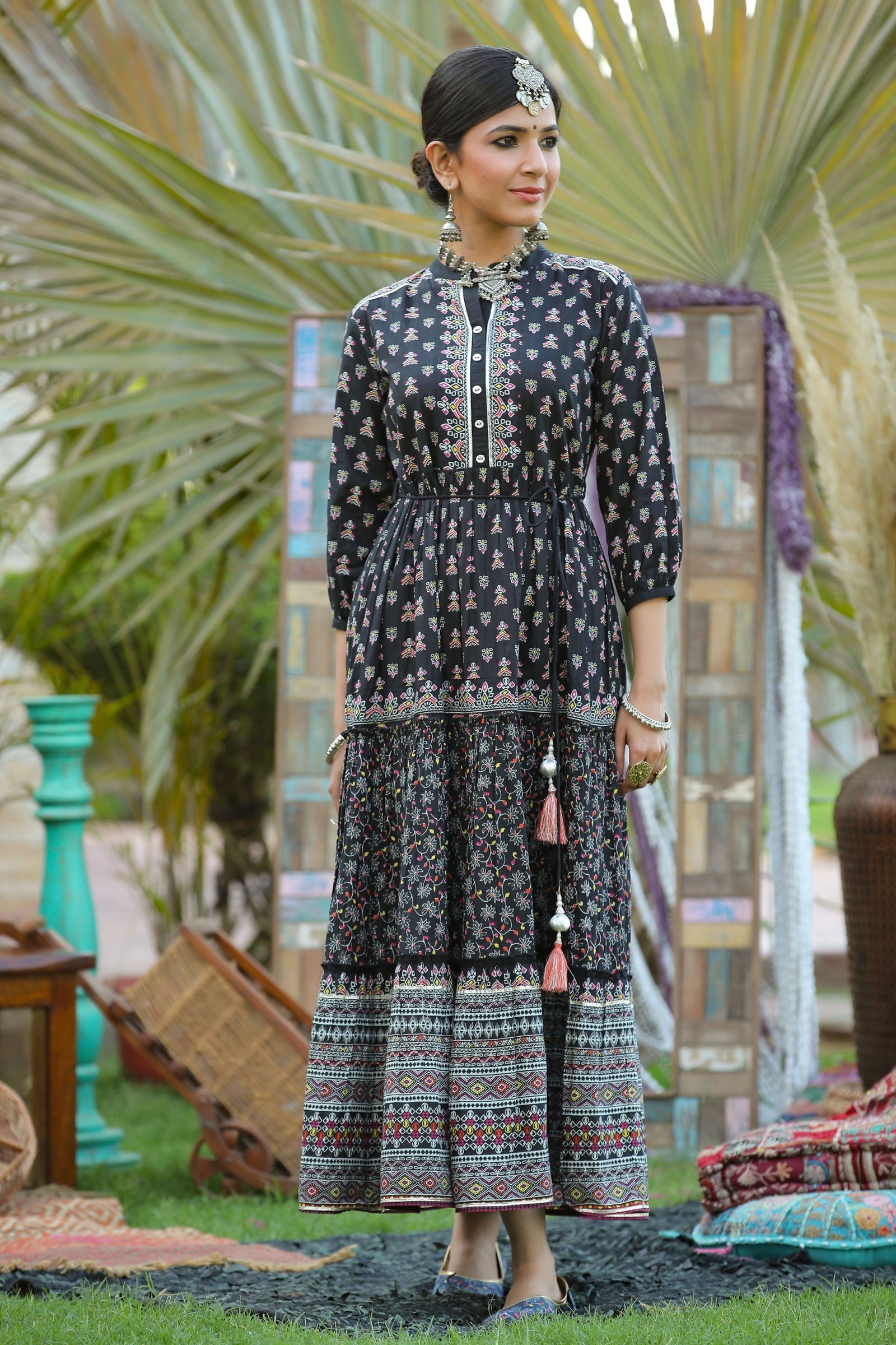 Black Ethnic Motif Printed Pure Cotton Tiered Maxi Dress | DesiQlo