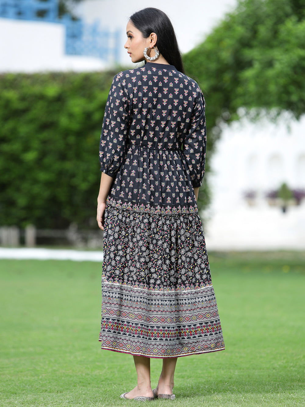 Black Ethnic Motif Printed Pure Cotton Tiered Maxi Dress | DesiQlo