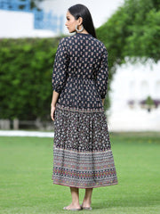 Juniper Black Ethnic Motif Printed Pure Cotton Tiered Maxi Dress. 