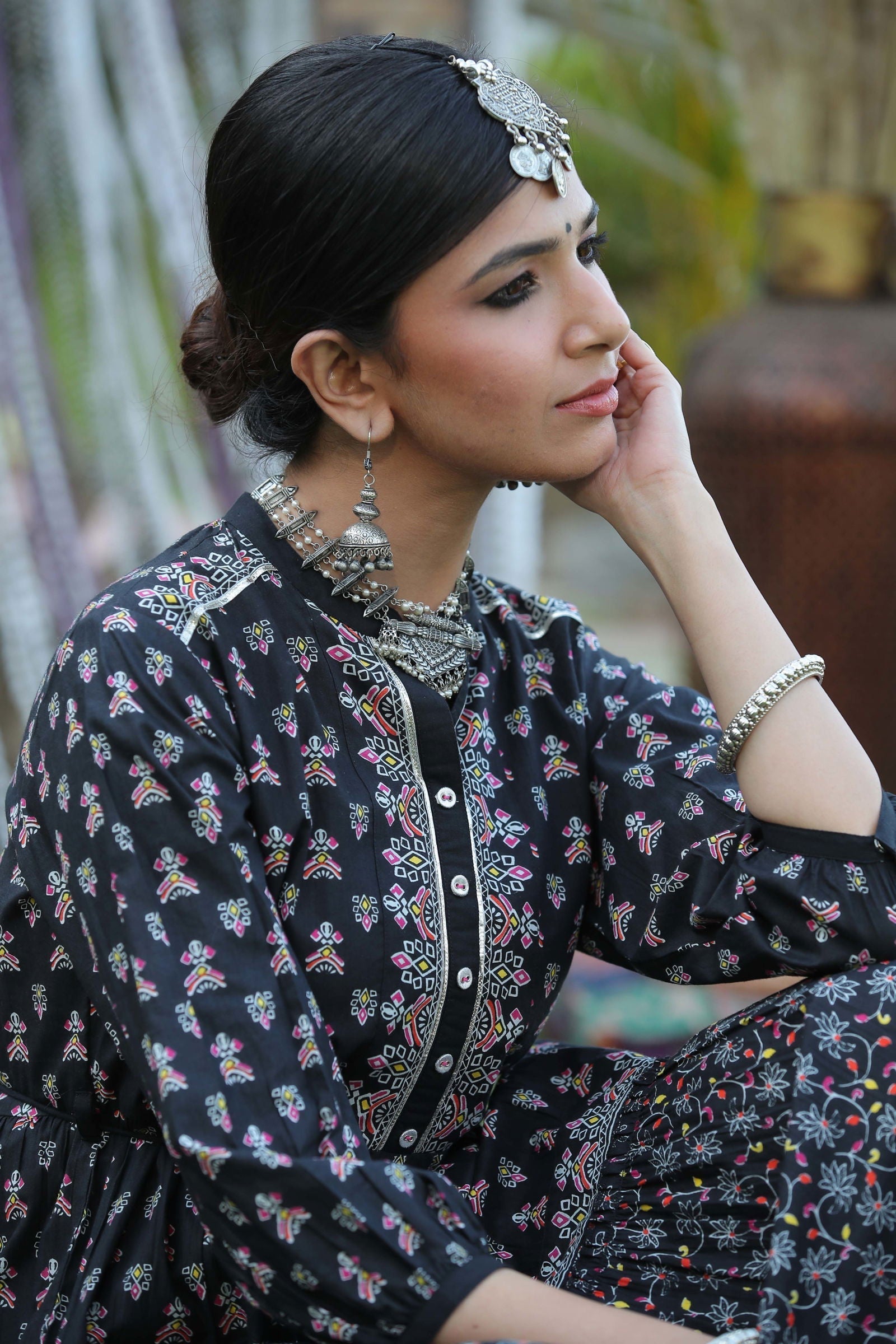 Black Ethnic Motif Printed Pure Cotton Tiered Maxi Dress | DesiQlo