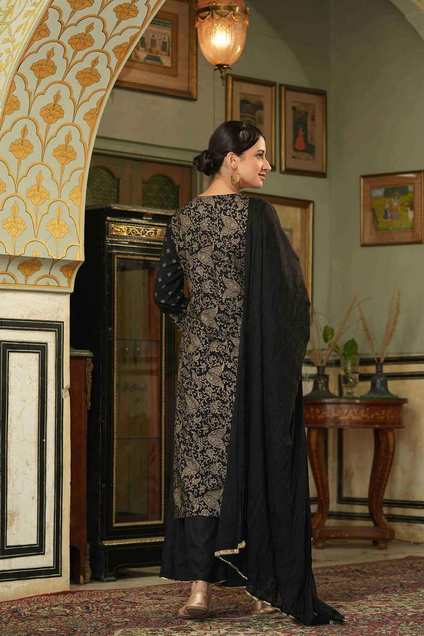 Black Ethnic Motif Printed Rayon Kurta Palazzo & Dupatta Set With Zari
