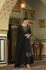 Juniper Black Ethnic Motif Printed Rayon Kurta Palazzo & Dupatta Set With Zari Work Embroidery 