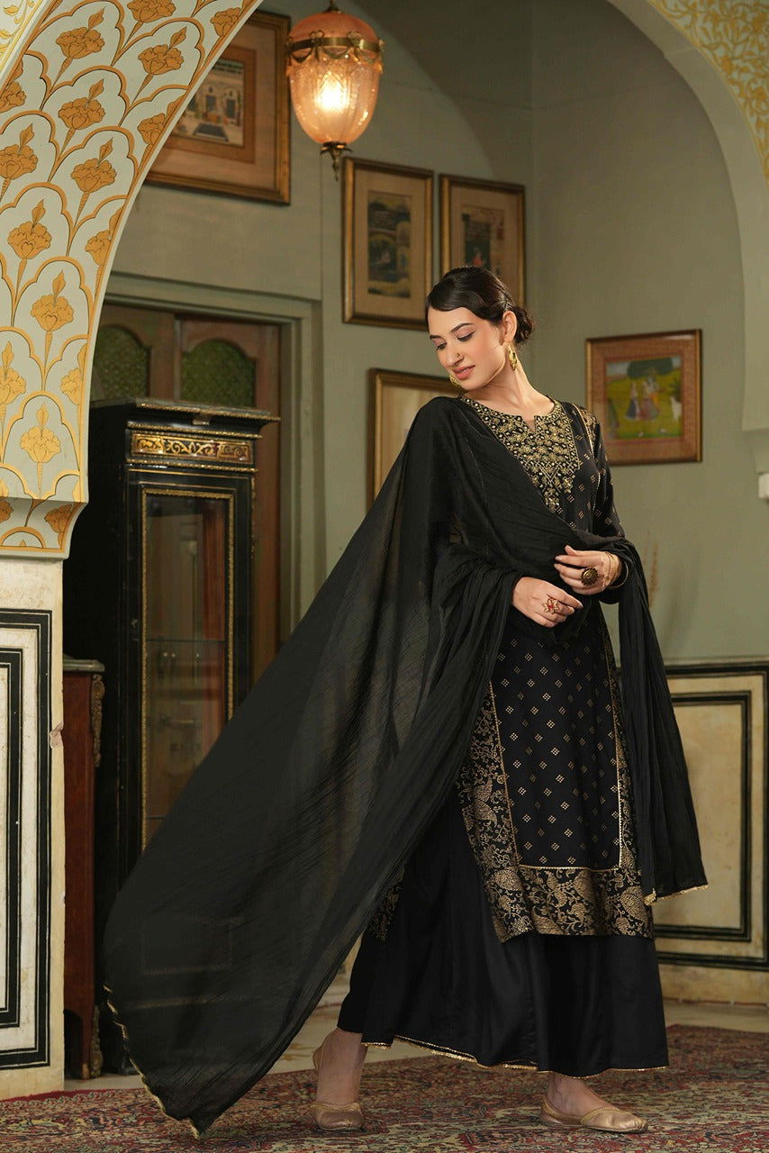 Black Ethnic Motif Printed Rayon Kurta Palazzo & Dupatta Set With Zari