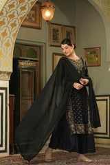 Juniper Black Ethnic Motif Printed Rayon Kurta Palazzo & Dupatta Set With Zari Work Embroidery 
