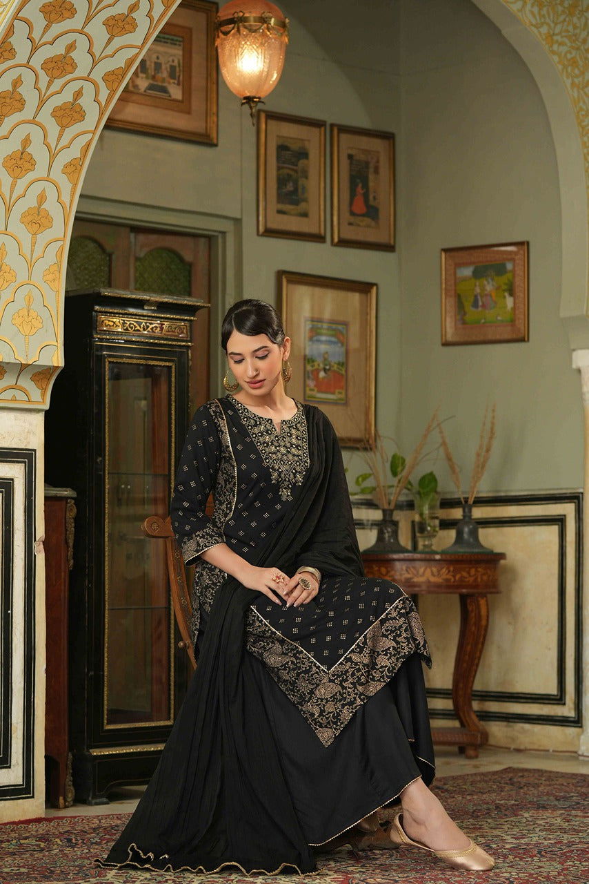 Black Ethnic Motif Printed Rayon Kurta Palazzo & Dupatta Set With Zari