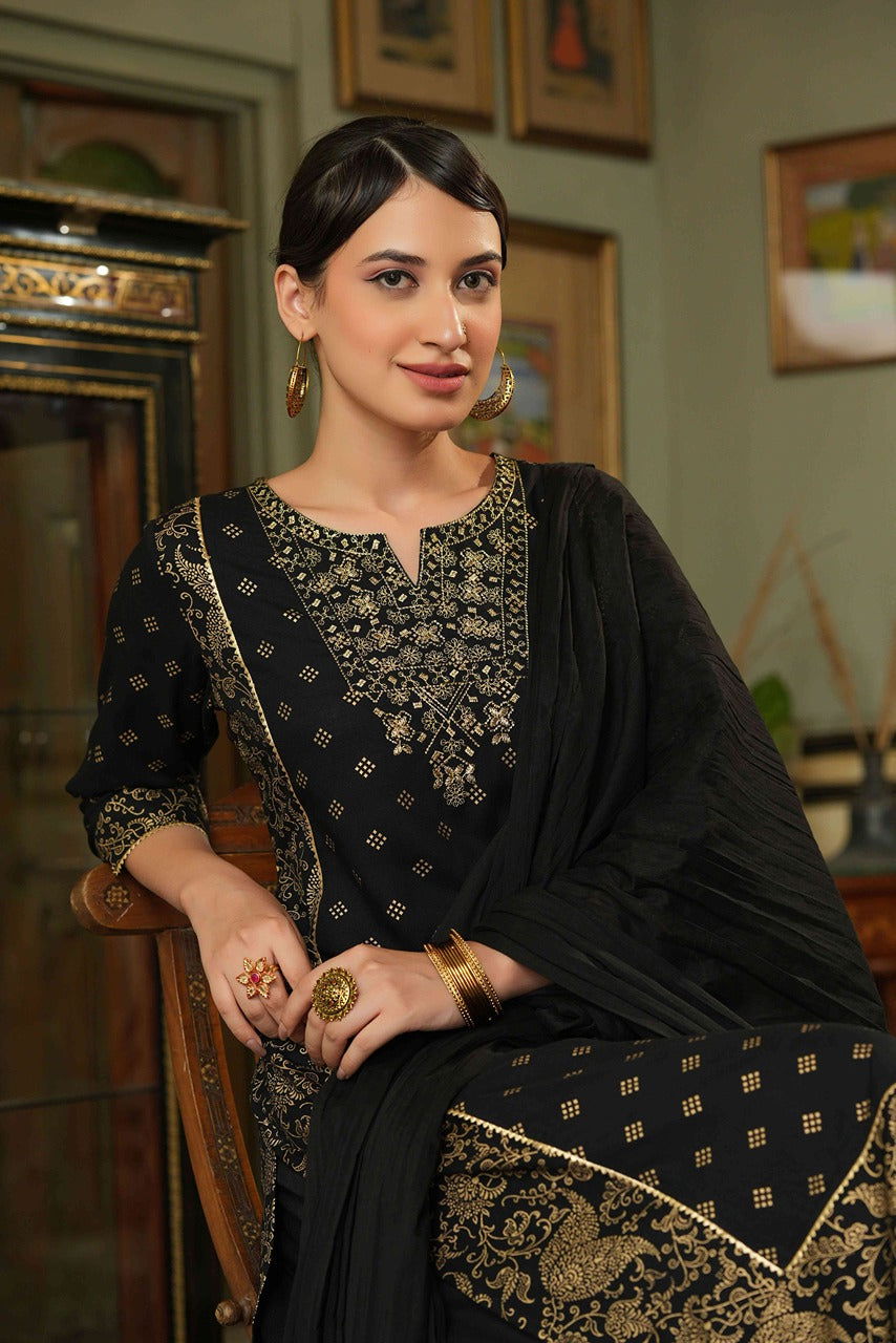 Black Ethnic Motif Printed Rayon Kurta Palazzo & Dupatta Set With Zari