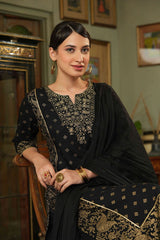Juniper Black Ethnic Motif Printed Rayon Kurta Palazzo & Dupatta Set With Zari Work Embroidery 