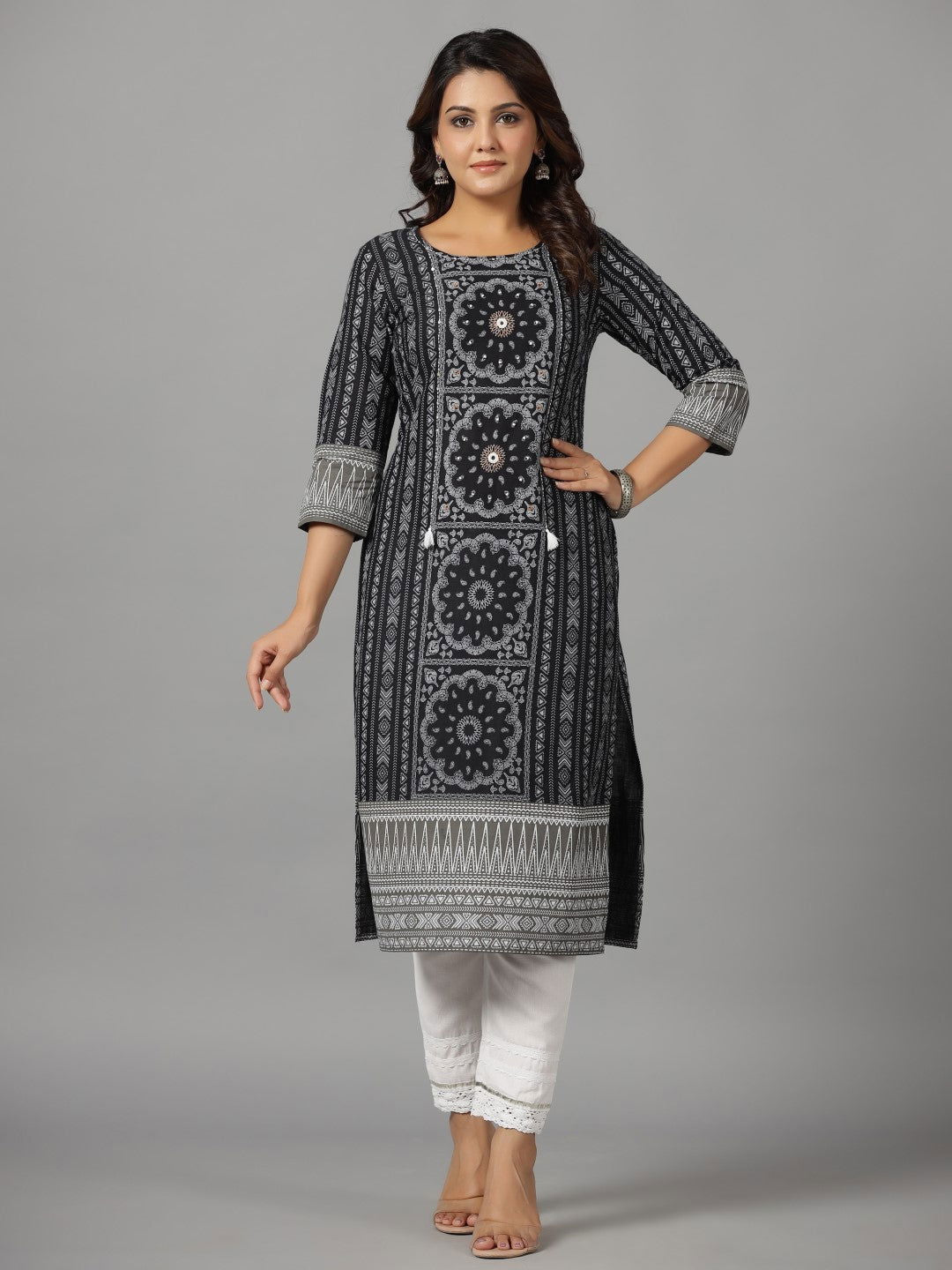 Black Ethnic Motif Printed Rayon Slub Kurta With Beads & Sequins Work 