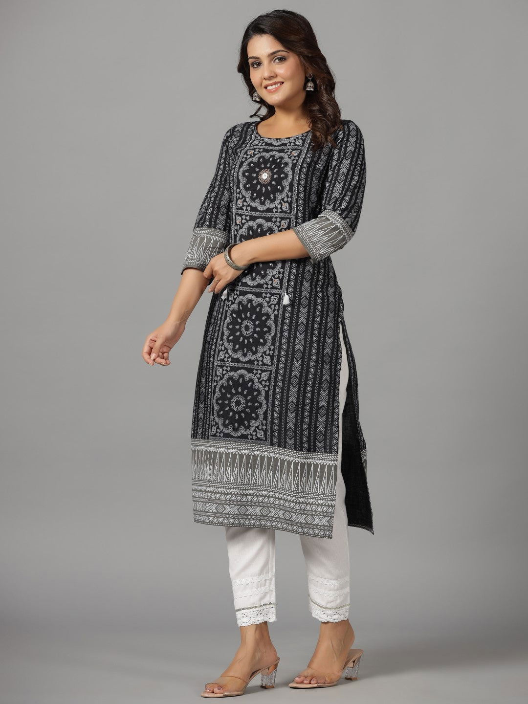 Black Ethnic Motif Printed Rayon Slub Kurta With Beads & Sequins Work 