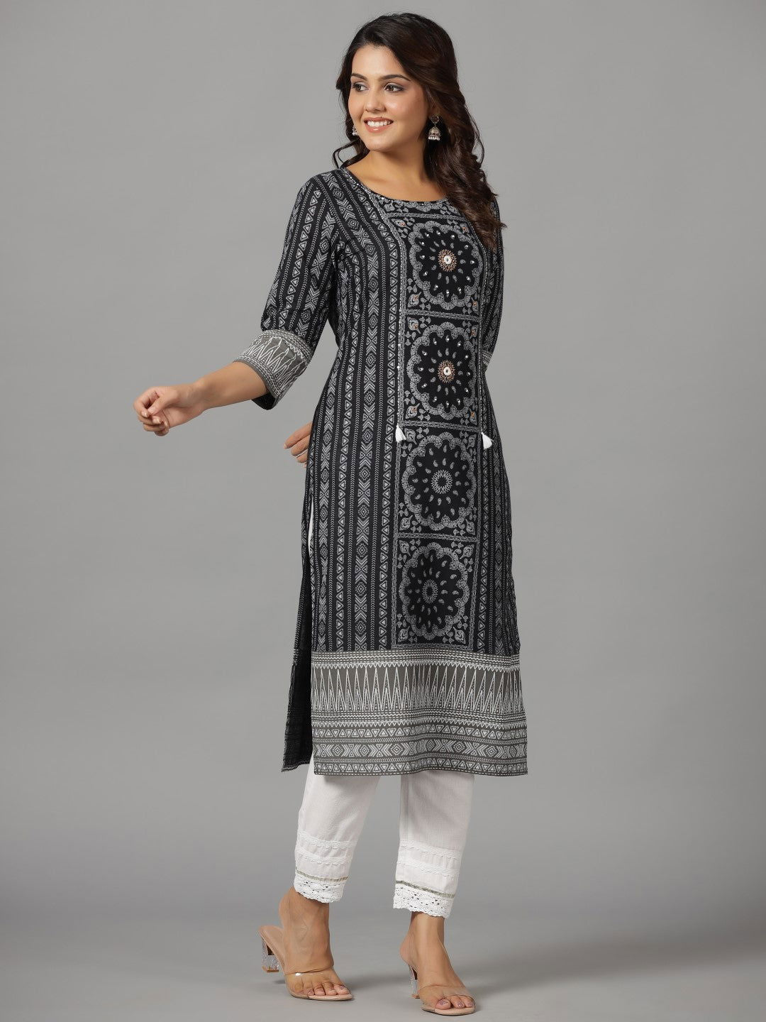 Black Ethnic Motif Printed Rayon Slub Kurta With Beads & Sequins Work 