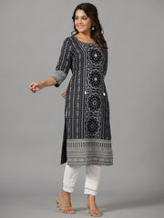 Juniper  Black Ethnic Motif Printed Rayon Slub Kurta With Beads & Sequins Work 