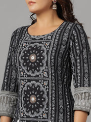 Juniper  Black Ethnic Motif Printed Rayon Slub Kurta With Beads & Sequins Work 