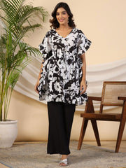 Juniper Black Floral Printed Cotton Dobby Kaftan Tunic 