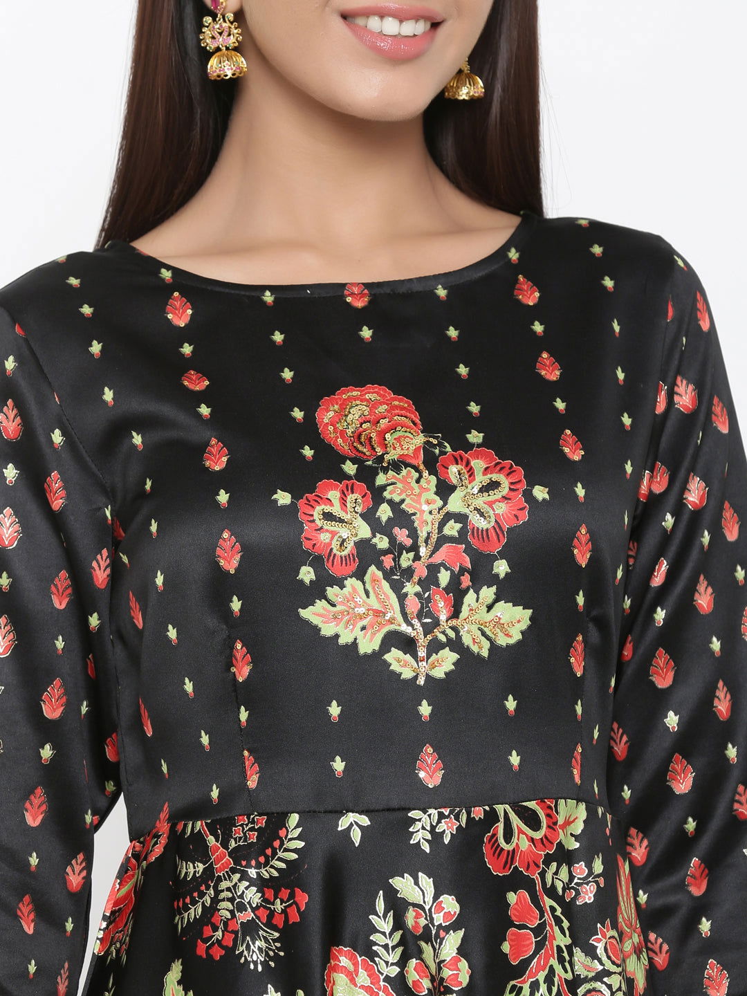 Black Floral Printed Dull Satin Maxi Dress Beads Work | DesiQlo