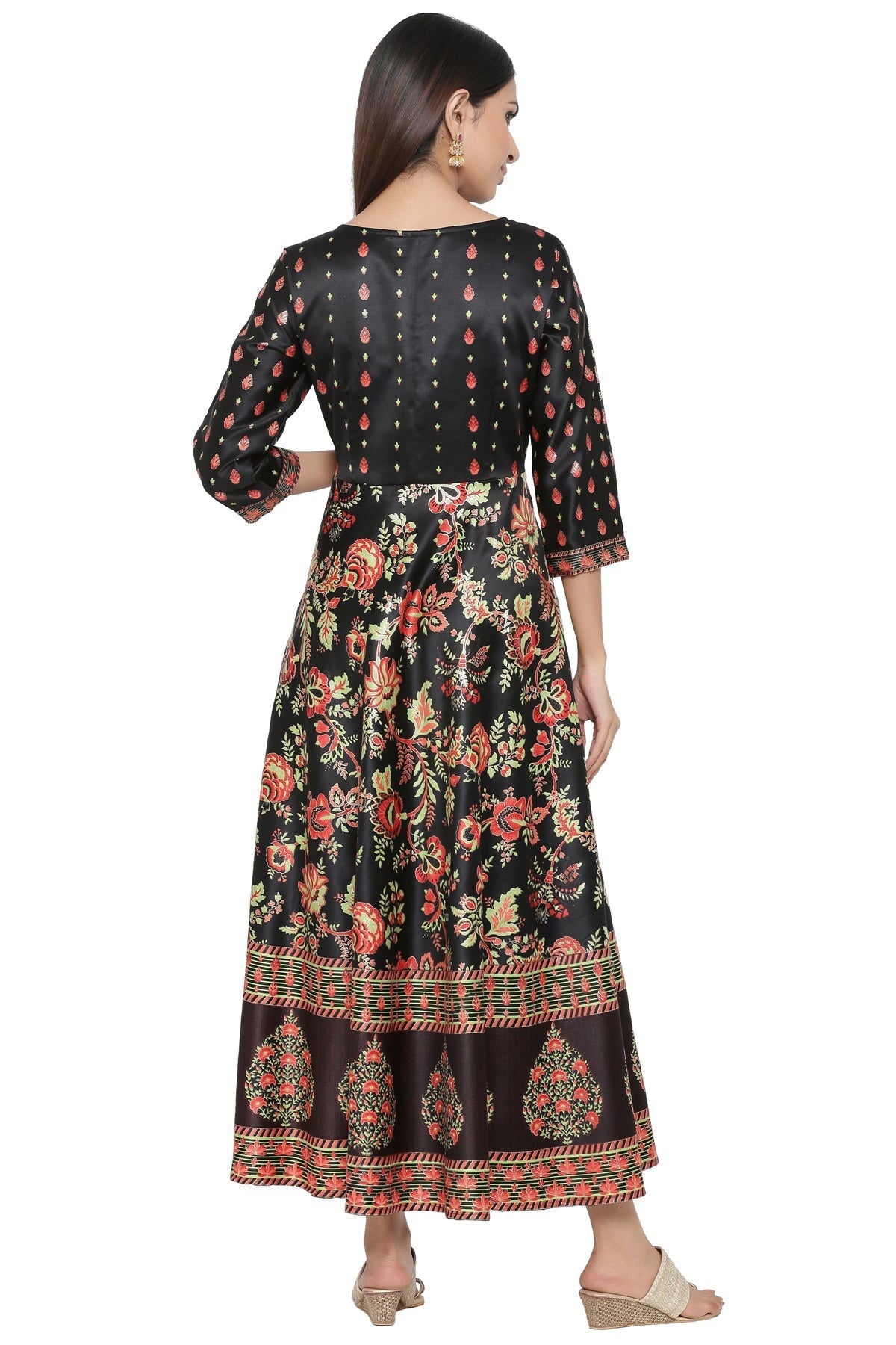 Black Floral Printed Dull Satin Maxi Dress Beads Work | DesiQlo