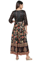 Juniper Black Floral Printed Dull Satin Maxi Dress Beads Work 