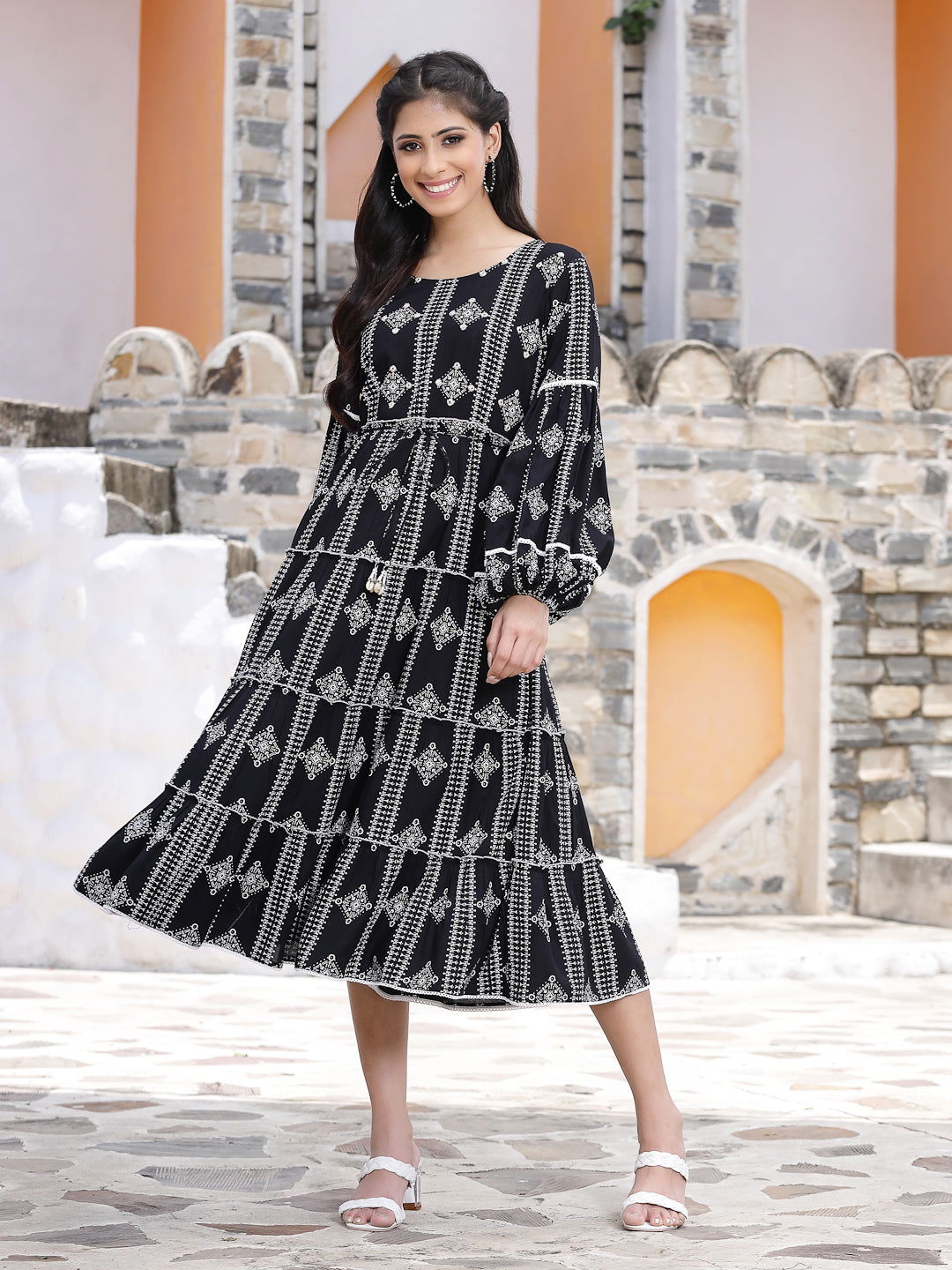 Juniper Black Geometric Printed Rayon Tiered Midi Dress 
