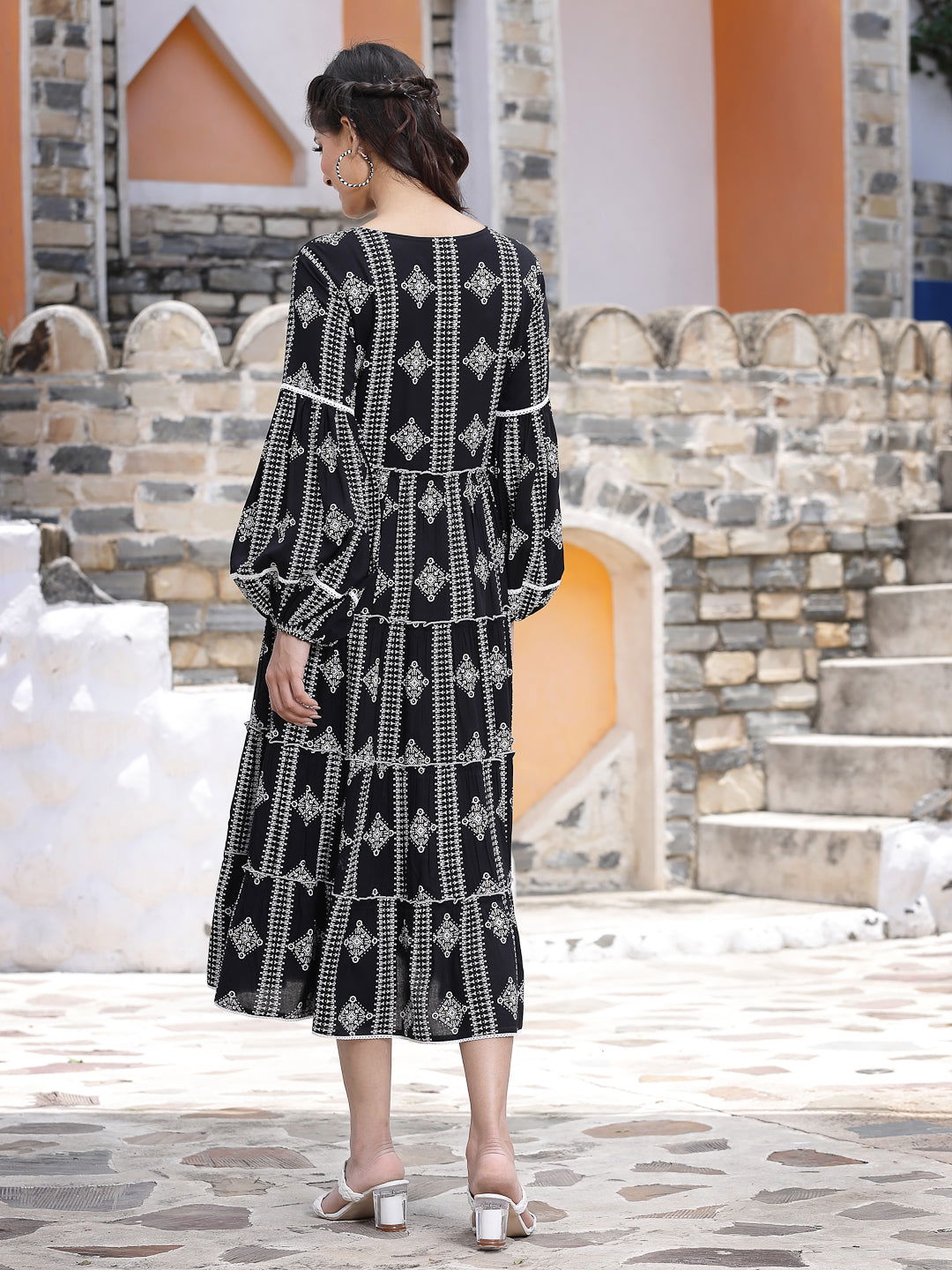 Black Geometric Printed Rayon Tiered Midi Dress | DesiQlo