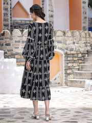 Juniper Black Geometric Printed Rayon Tiered Midi Dress 