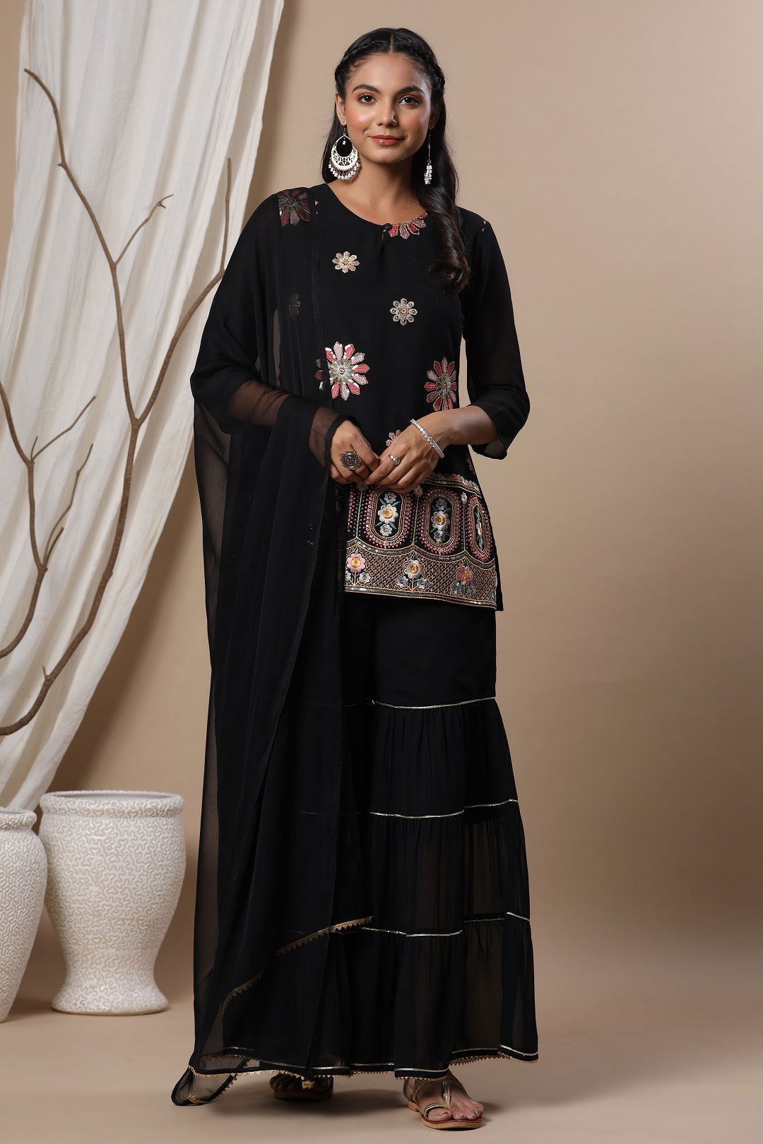 Buy Beige Chanderi Embellished Jacket Style 2 Piece Kurta Online in India