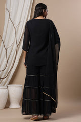 Juniper Black Georgette Festive Wear Embroidered Straight Kurta Palazzo Dupatta Set 