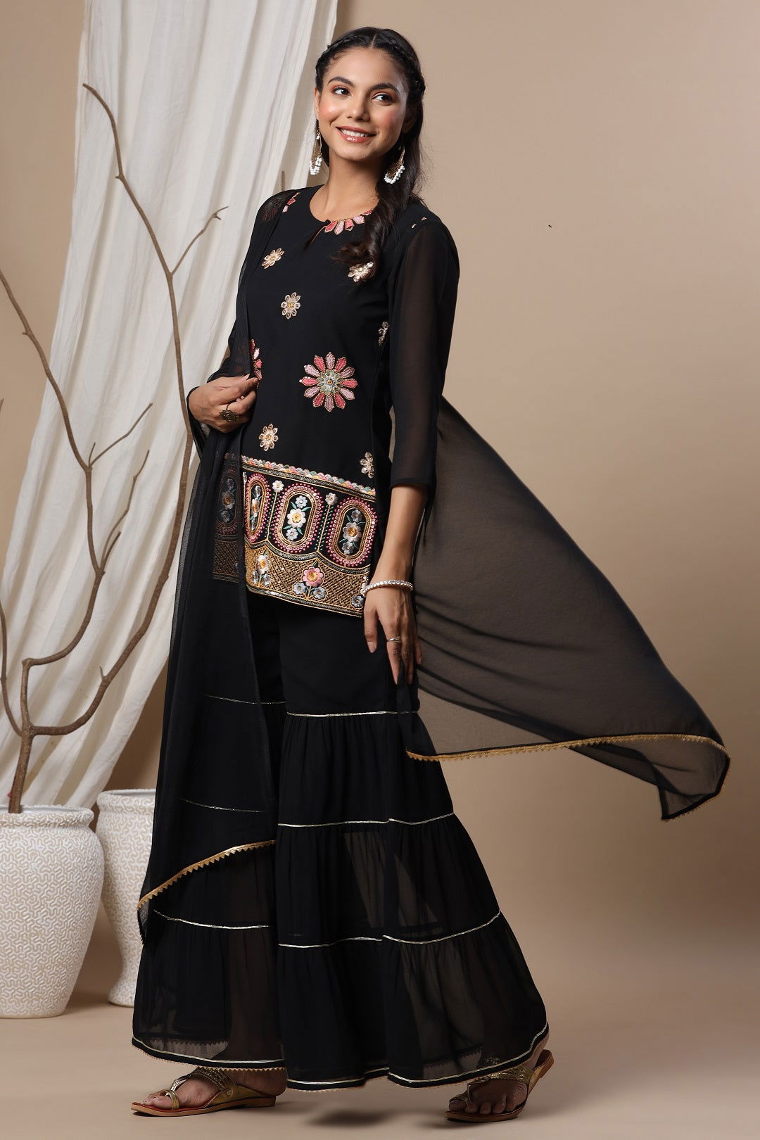 Buy Beige Chanderi Embellished Jacket Style 2 Piece Kurta Online in India
