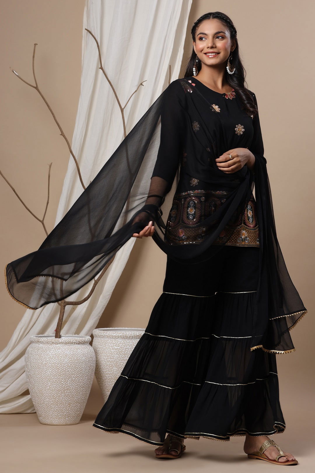 Buy Beige Chanderi Embellished Jacket Style 2 Piece Kurta Online in India