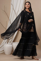 Juniper Black Georgette Festive Wear Embroidered Straight Kurta Palazzo Dupatta Set 