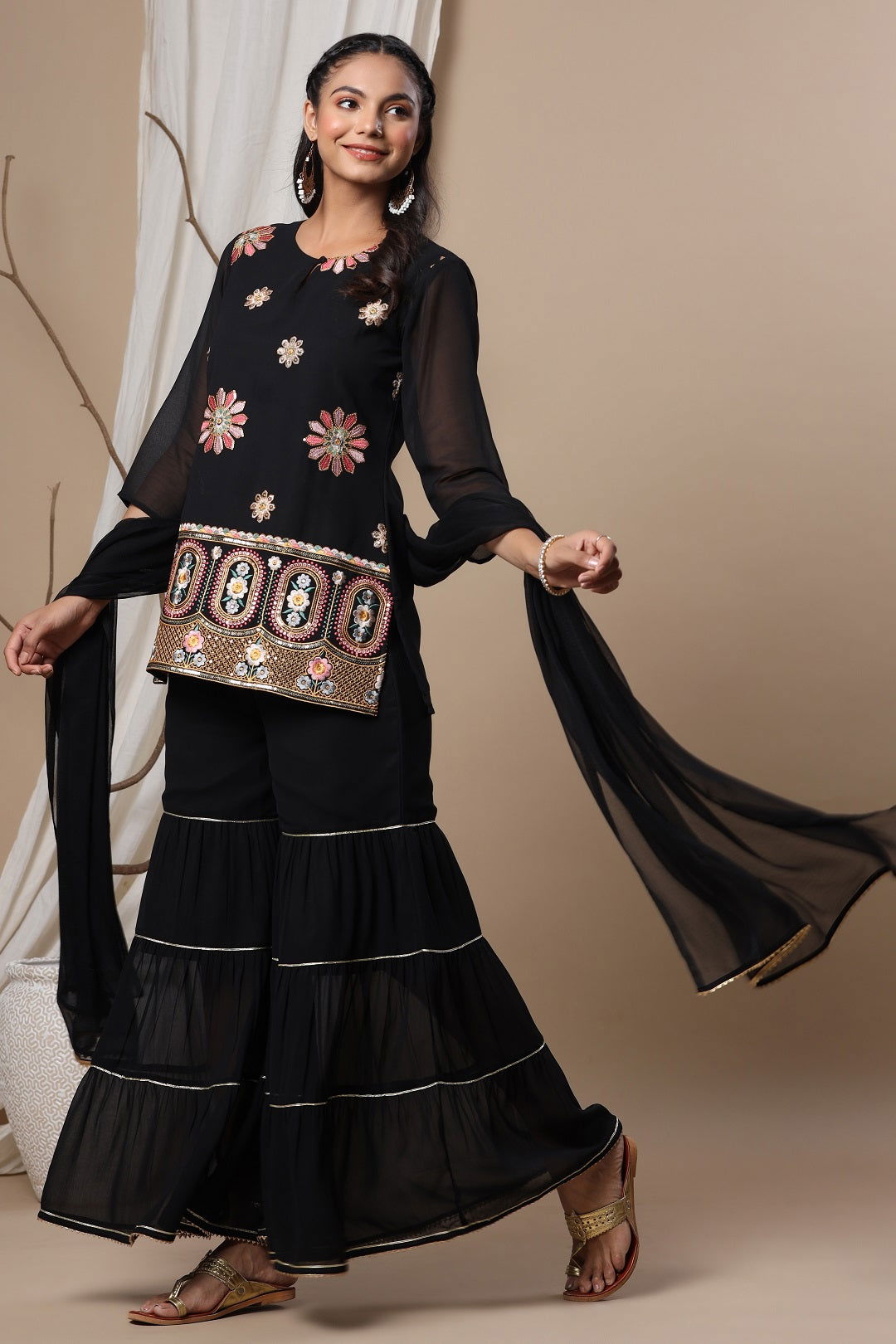 Buy Beige Chanderi Embellished Jacket Style 2 Piece Kurta Online in India