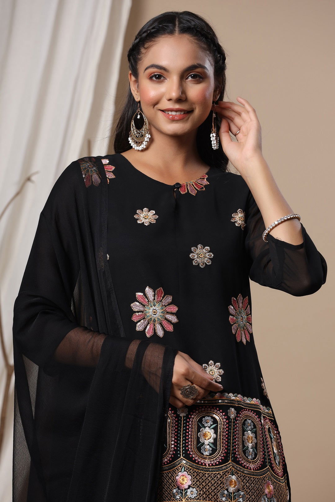 Buy Beige Chanderi Embellished Jacket Style 2 Piece Kurta Online in India