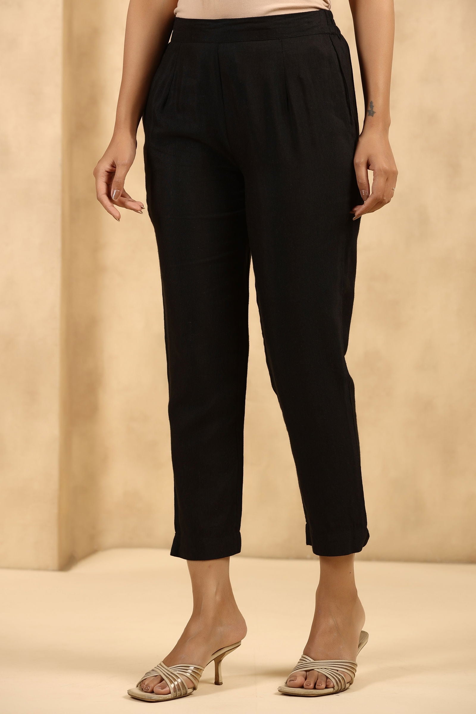 Black Rayon Flex Solid Slim Fit Pants With Partially Elasticated Waist