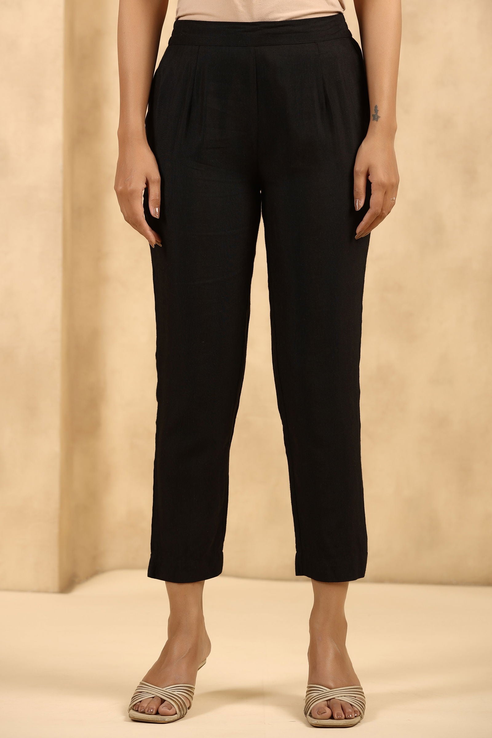 Black Rayon Flex Solid Slim Fit Pants With Partially Elasticated Waist