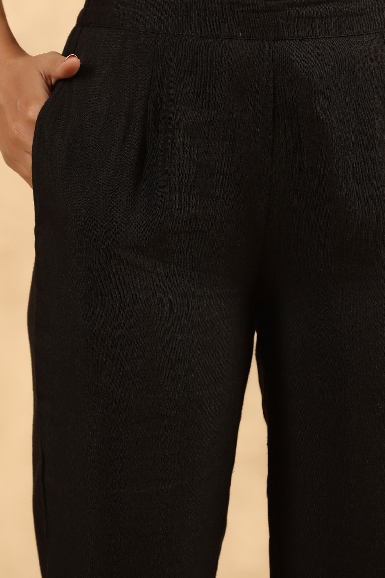 Black Rayon Flex Solid Slim Fit Pants With Partially Elasticated Waist