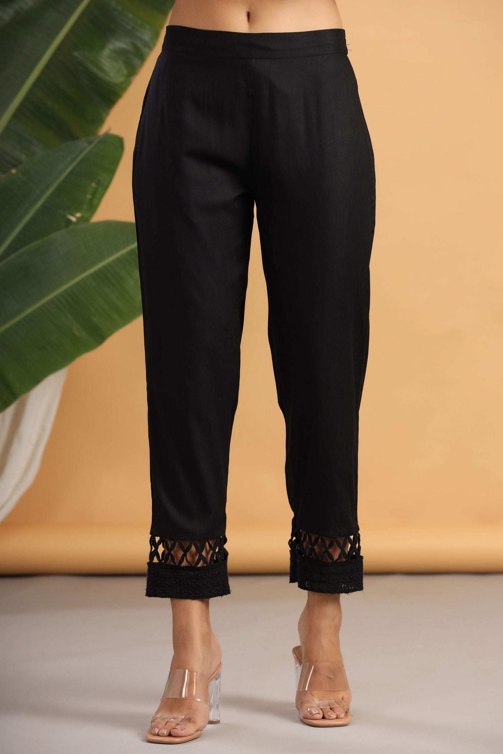 Black Solid Rayon Ankle-Length Slim Fit Pants | DesiQlo