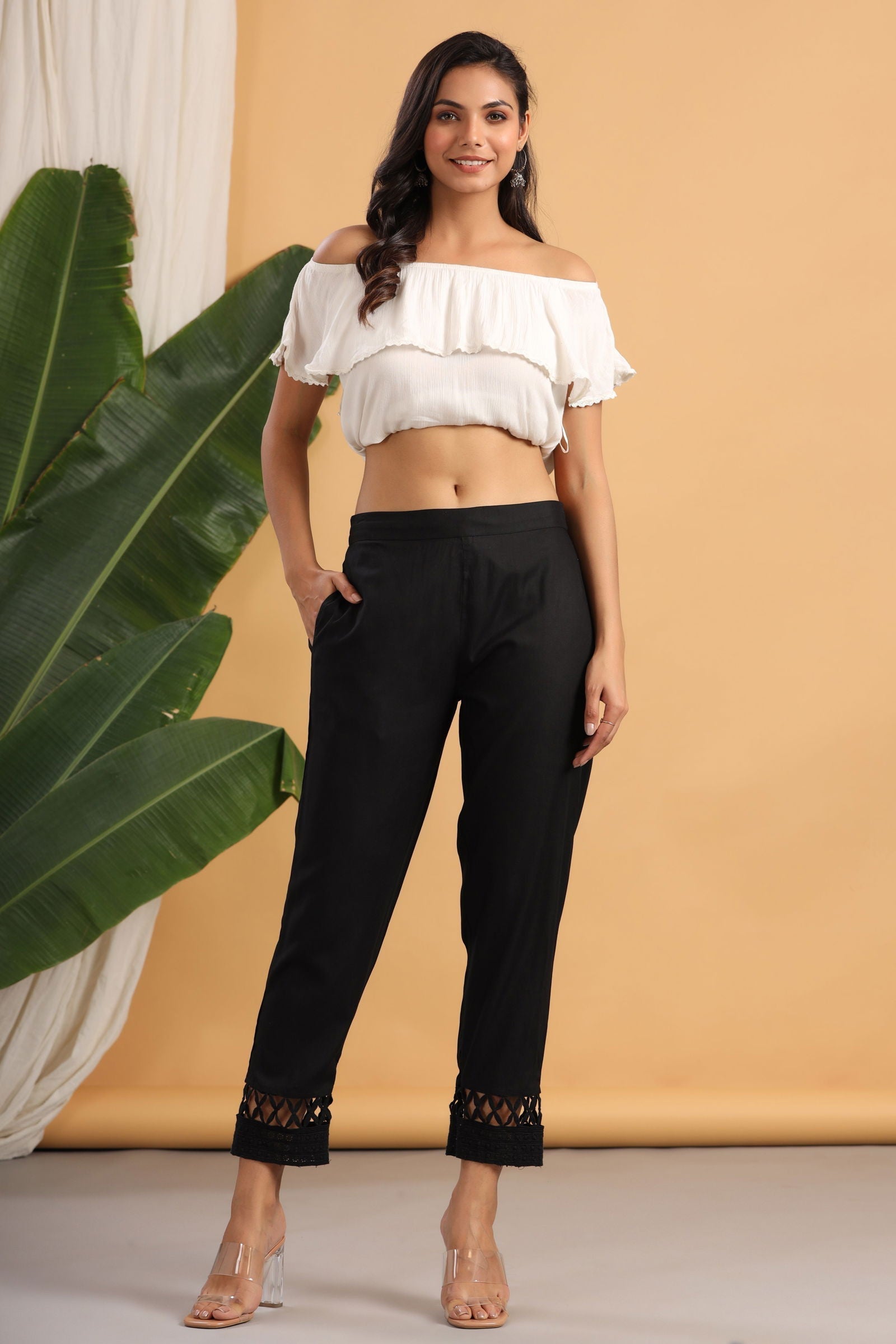 Black Solid Rayon Ankle-Length Slim Fit Pants | DesiQlo