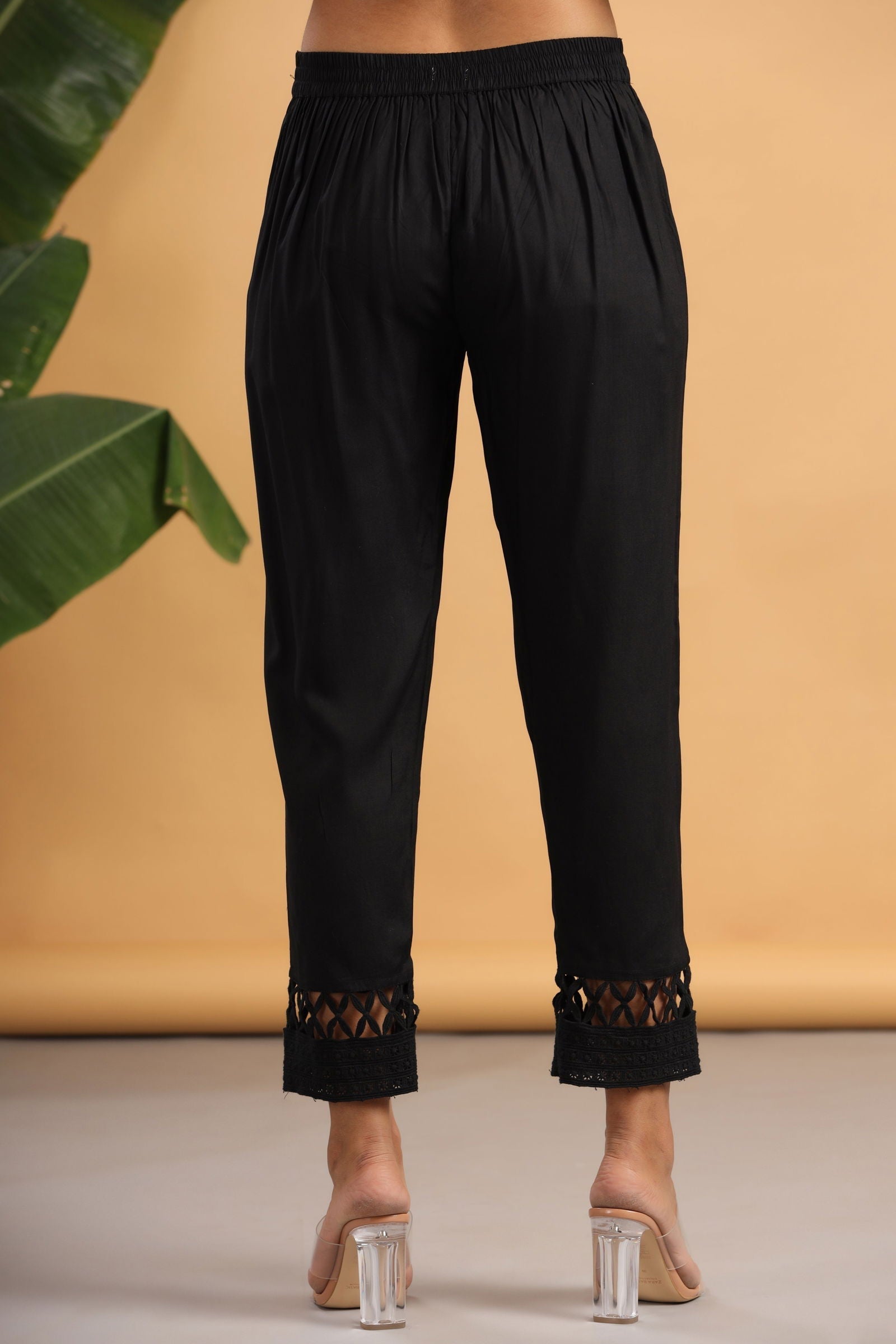 Black Solid Rayon Ankle-Length Slim Fit Pants | DesiQlo