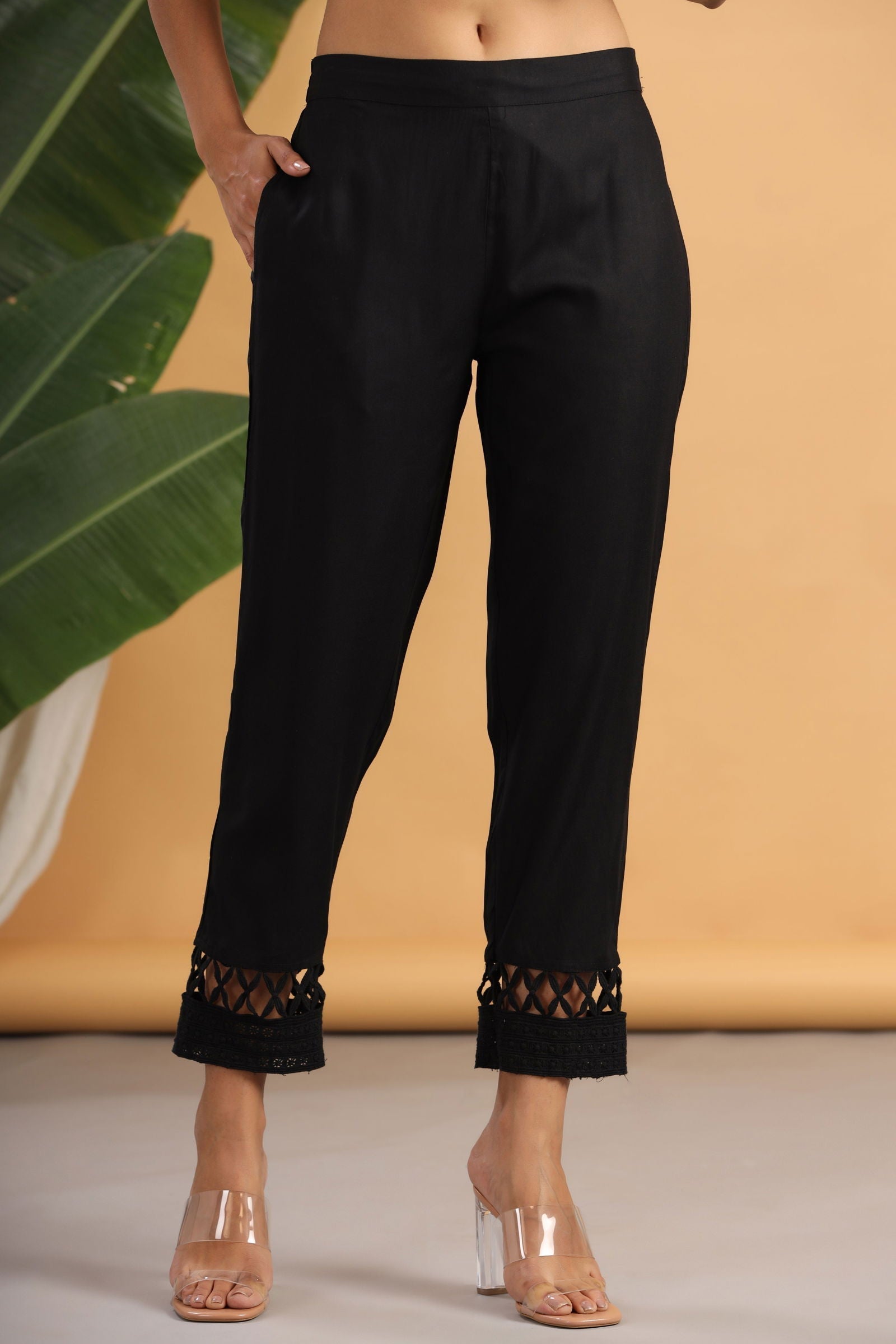 Black Solid Rayon Ankle-Length Slim Fit Pants | DesiQlo