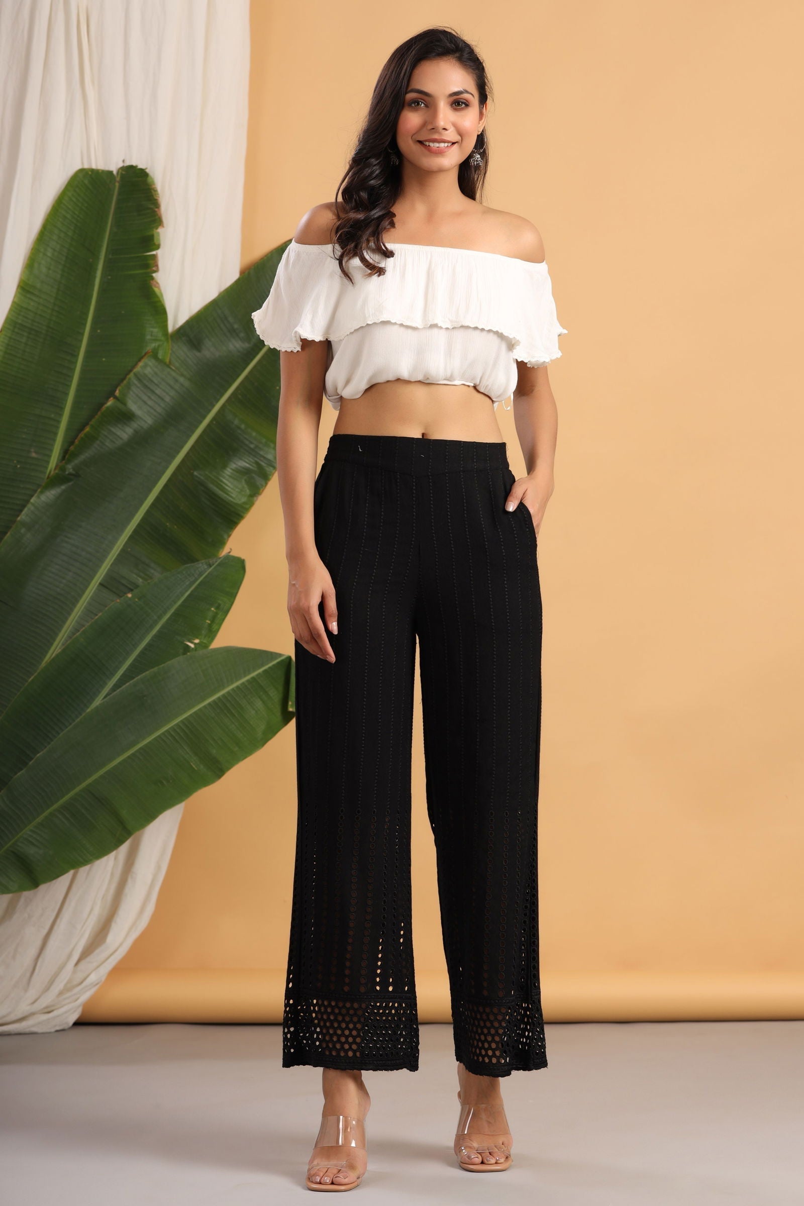 Black Solid Rayon Flared Ankle-Length Palazzo | DesiQlo