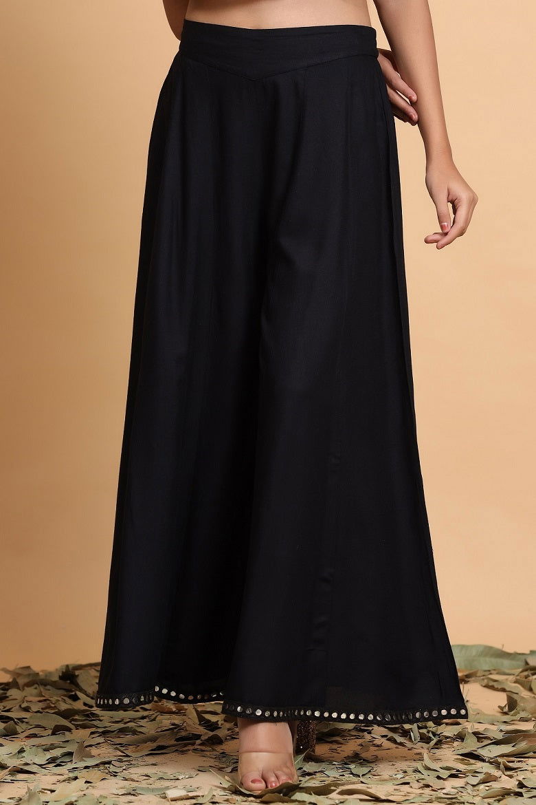 Black Solid Rayon Flared Ankle-Length Palazzo - 2 | DesiQlo