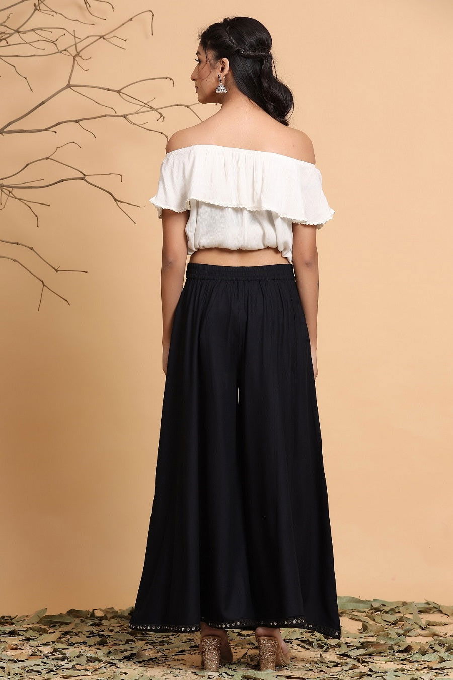 Black Solid Rayon Flared Ankle-Length Palazzo - 2 | DesiQlo