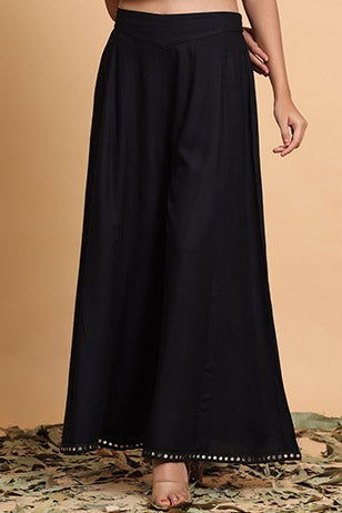 Black Solid Rayon Lacy Kalidar & Flared Palazzo | DesiQlo