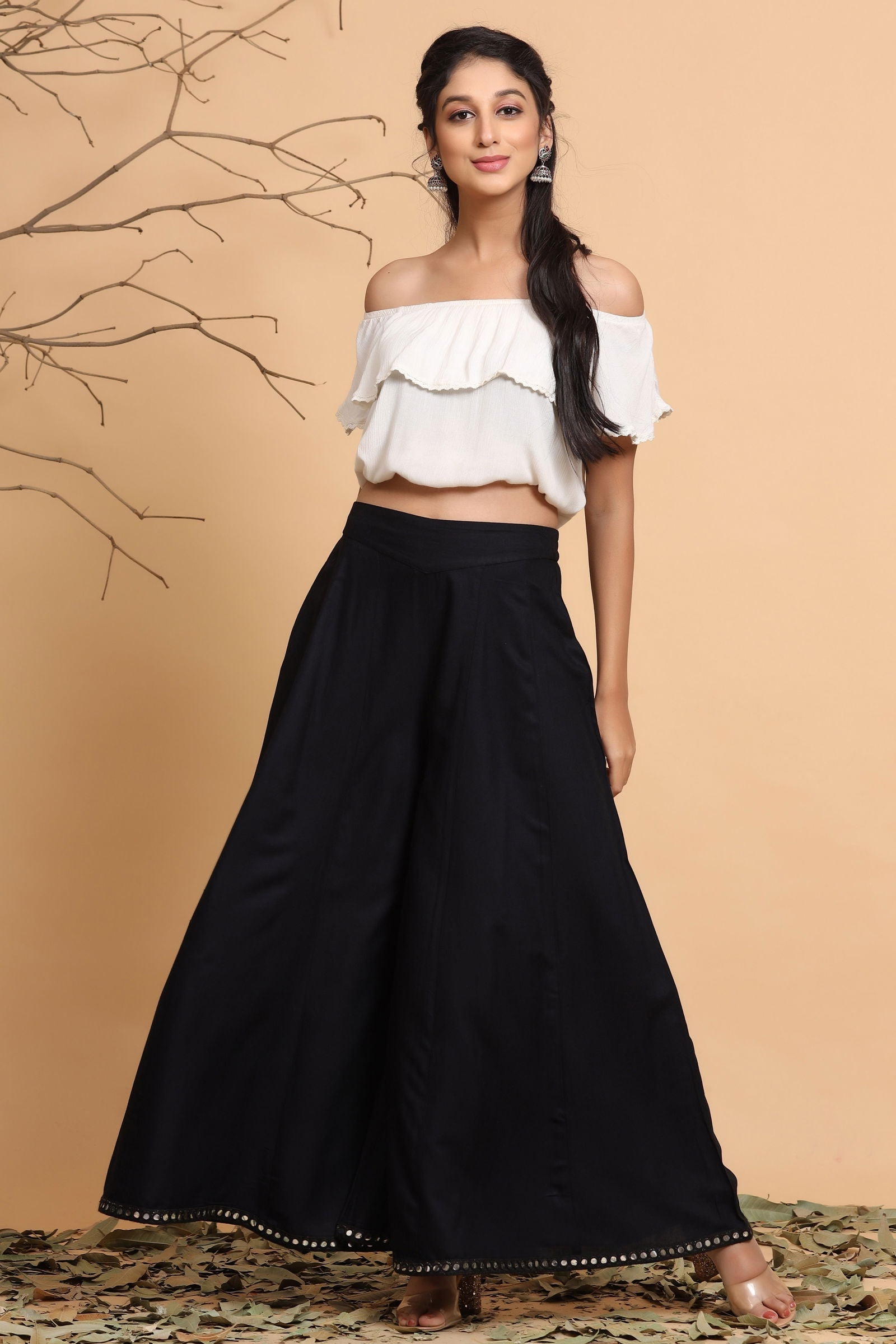 Black Solid Rayon Lacy Kalidar & Flared Palazzo | DesiQlo