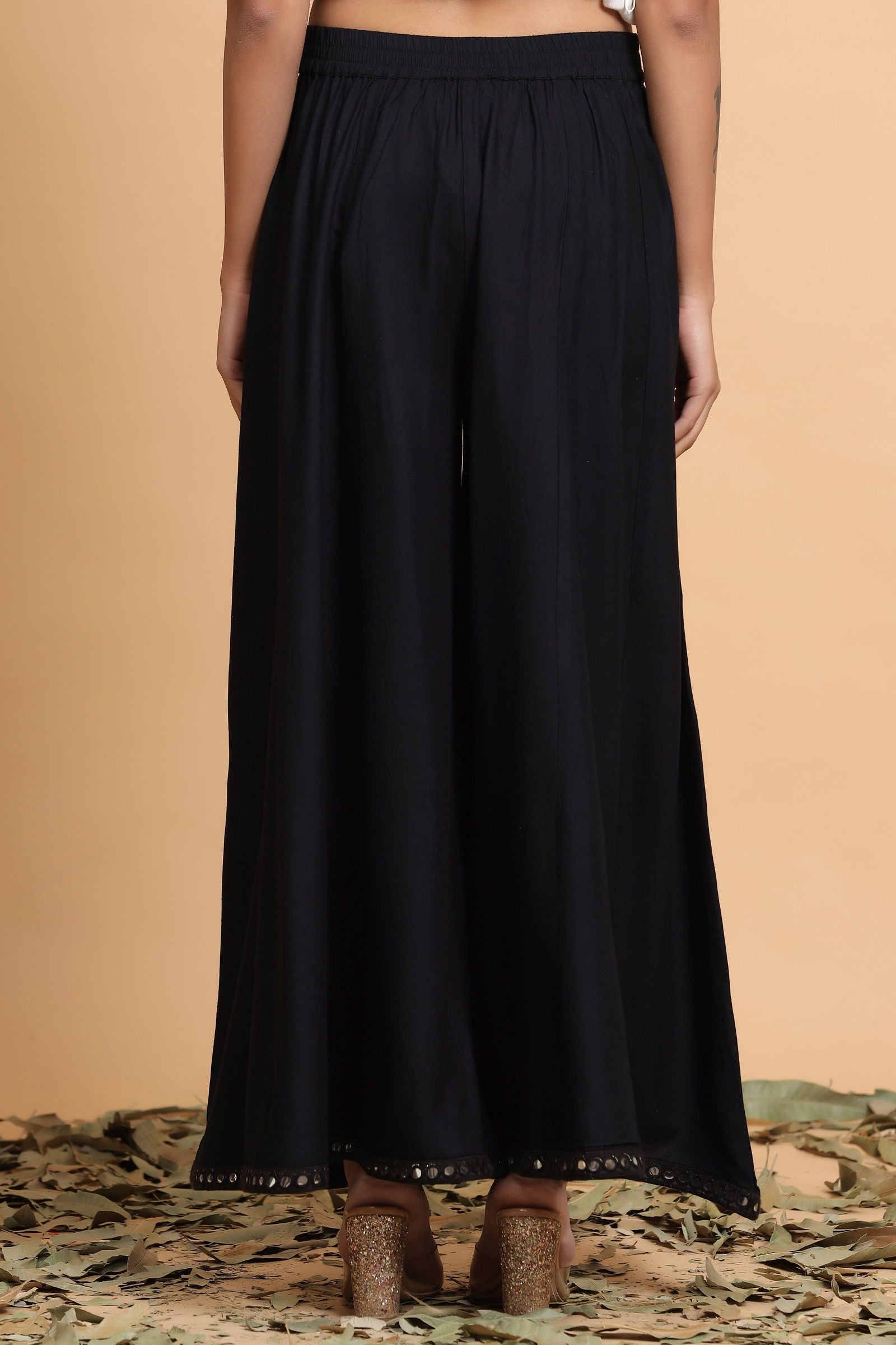 Black Solid Rayon Lacy Kalidar & Flared Palazzo | DesiQlo